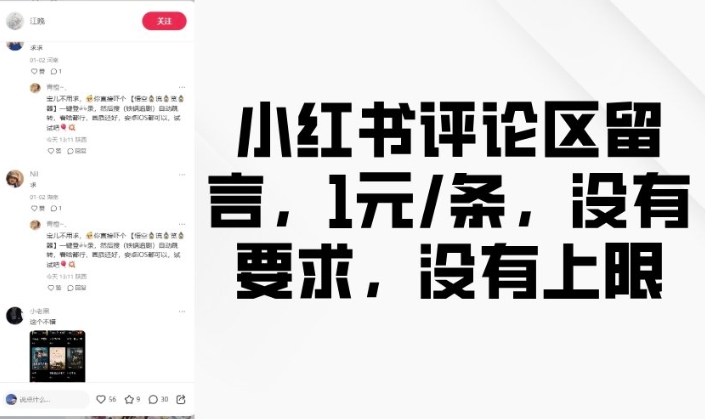 小红书评论区留言，1元条，没有要求，没有上限-网赚部落