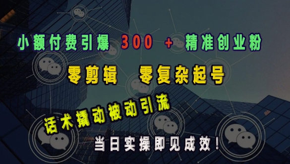 小额付费引爆 300 + 精准创业粉，零剪辑、零复杂起号，话术撬动被动引流，当日实操即见成效-网赚部落
